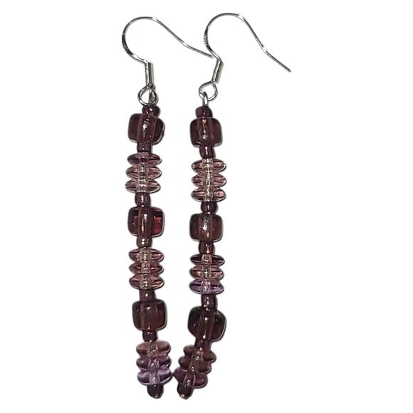 Artisan Jewelry - Handmade Sterling Silver 925 Purple Glass Bead Dangle Earrings 2.75"